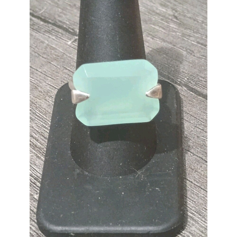 Aqua Blue Tone Glass Sterling Silver Plated Ring Size 9